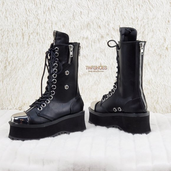 Gravedigger Unisex Chrome Toe Cap Platform Combat Goth Punk Boots